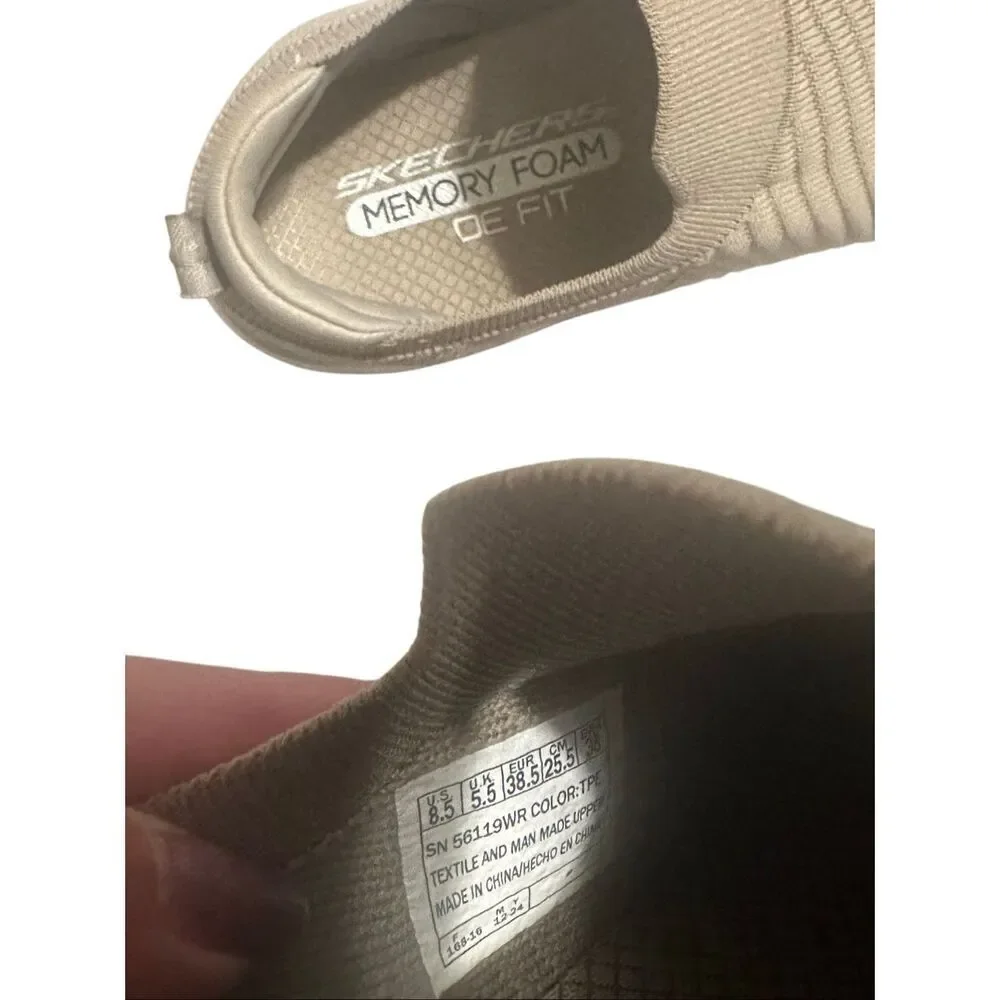 Skechers tan knit slip ons memory foam wide fit sz 8.5
